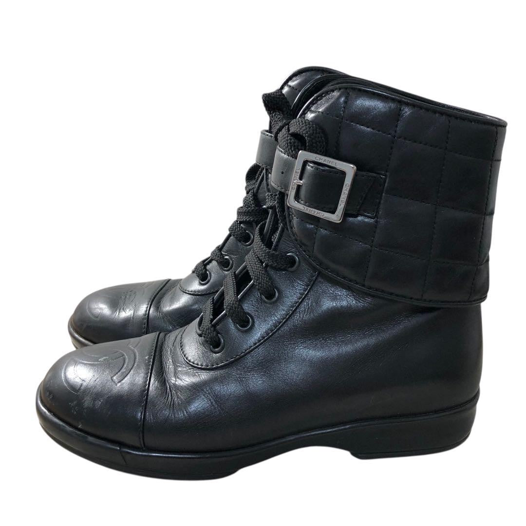 CHANEL Boots Shoes Cocomark EU 35 US 5 Leather Black Authentic