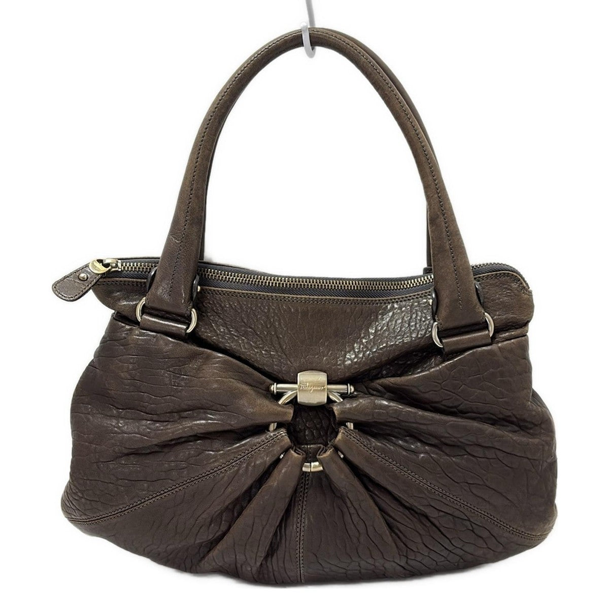 Salvatore Ferragamo Hand Bag Tote Purse Gancini Leather Dark Brown Authentic