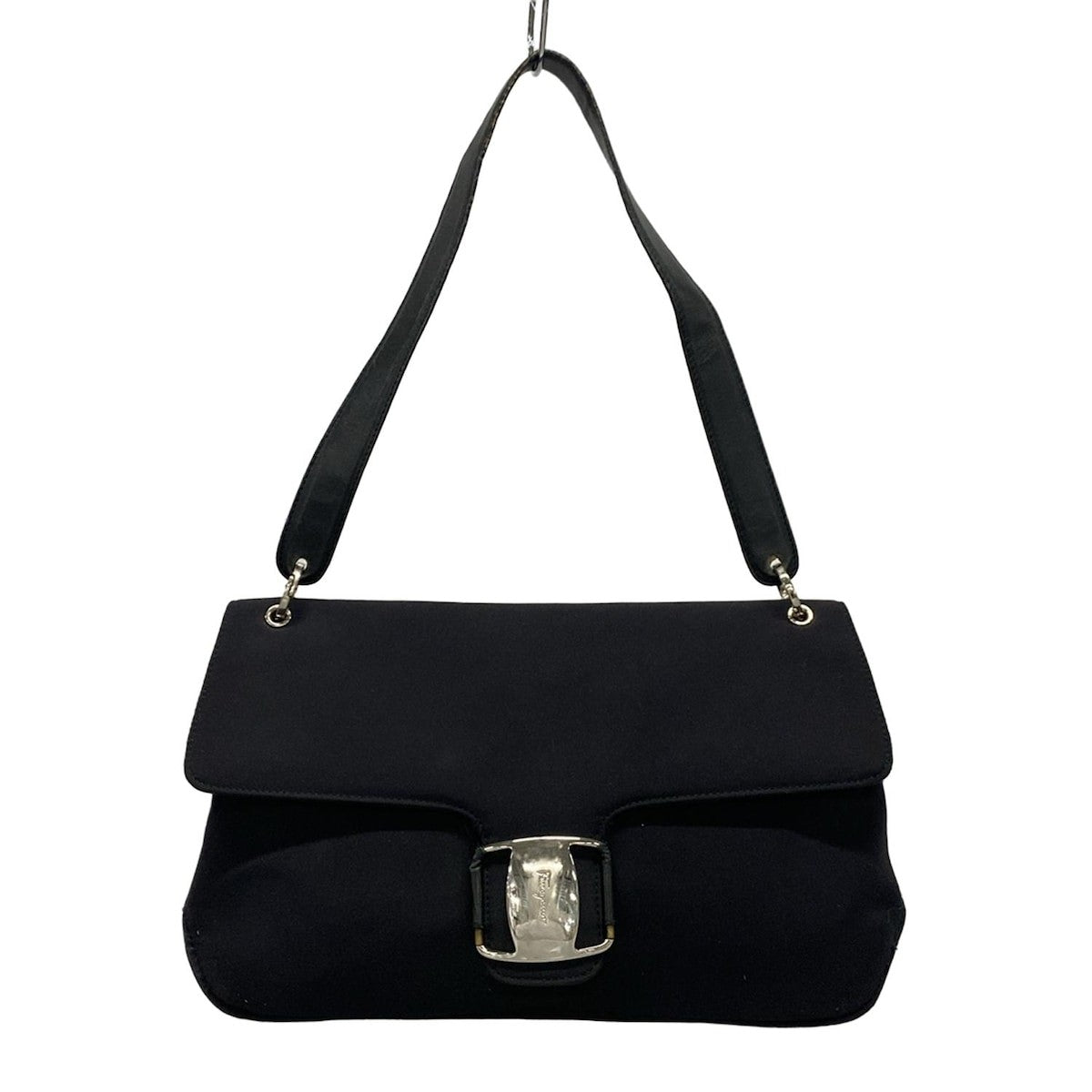 Salvatore Ferragamo Shoulder Bag Purse Vara Cotton Leather Black Authentic
