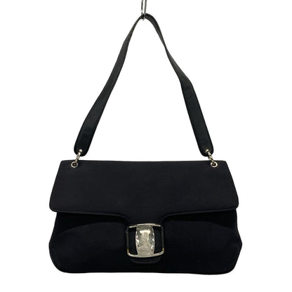 Salvatore Ferragamo Shoulder Bag Purse Vara Cotton Leather Black Authentic