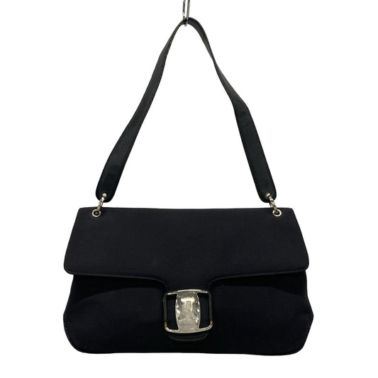 Salvatore Ferragamo Shoulder Bag Purse Vara Cotton Leather Black Authentic
