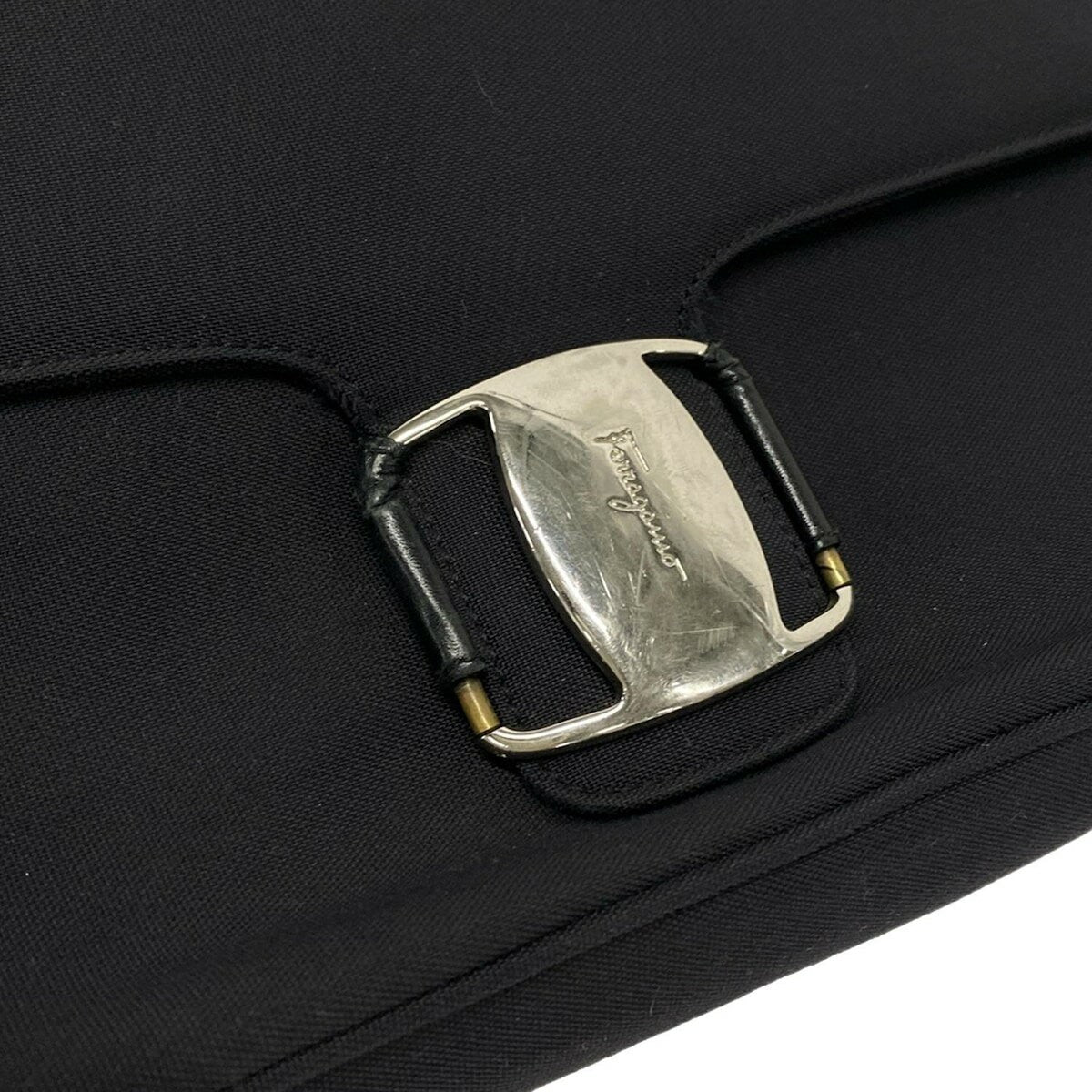 Salvatore Ferragamo Shoulder Bag Purse Vara Cotton Leather Black Authentic