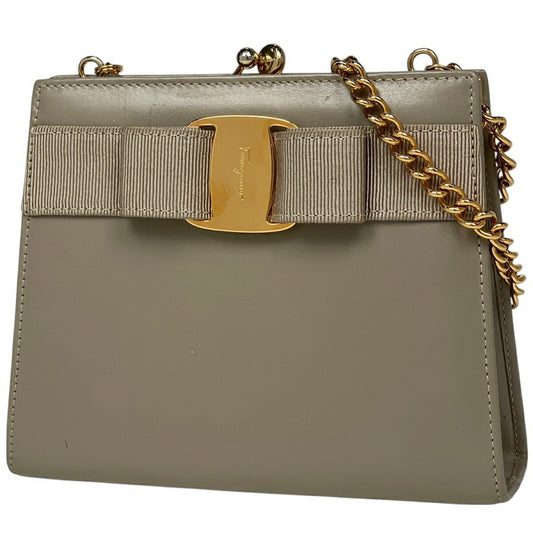 Salvatore Ferragamo Shoulder Bag Purse Vara Ribbon Leather Beige Authentic