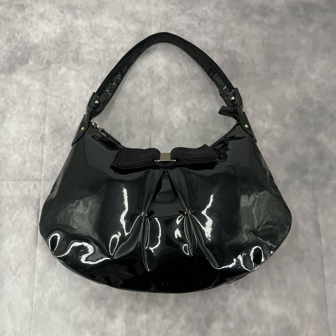 Salvatore Ferragamo Hand Shoulder Bag Tote Purse Vara Patent Leather Black Auth
