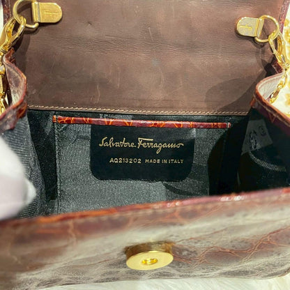 Salvatore Ferragamo Shoulder Bag Purse Chain Vara Ribbon Leather Brown Authentic