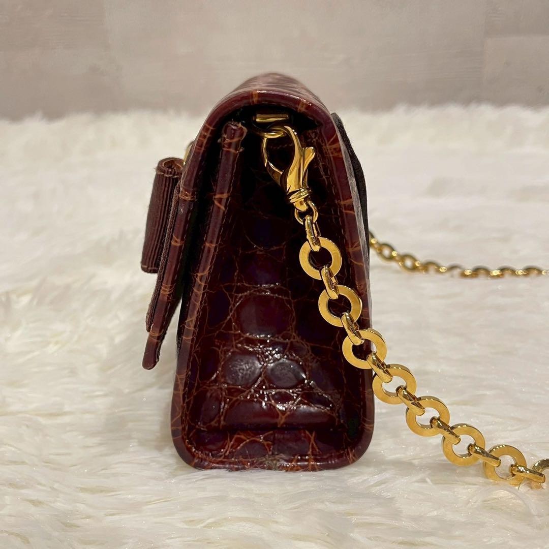 Salvatore Ferragamo Shoulder Bag Purse Chain Vara Ribbon Leather Brown Authentic