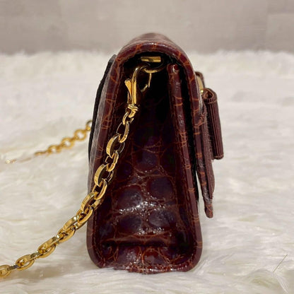 Salvatore Ferragamo Shoulder Bag Purse Chain Vara Ribbon Leather Brown Authentic