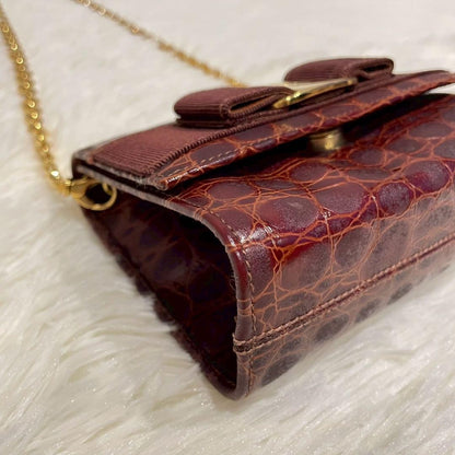 Salvatore Ferragamo Shoulder Bag Purse Chain Vara Ribbon Leather Brown Authentic