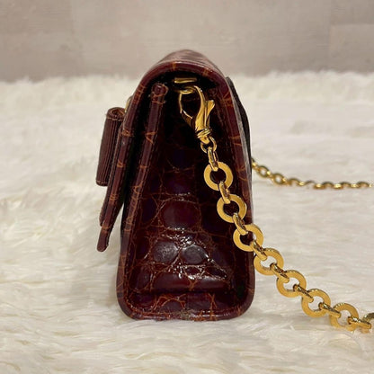 Salvatore Ferragamo Shoulder Bag Purse Chain Vara Ribbon Leather Brown Authentic
