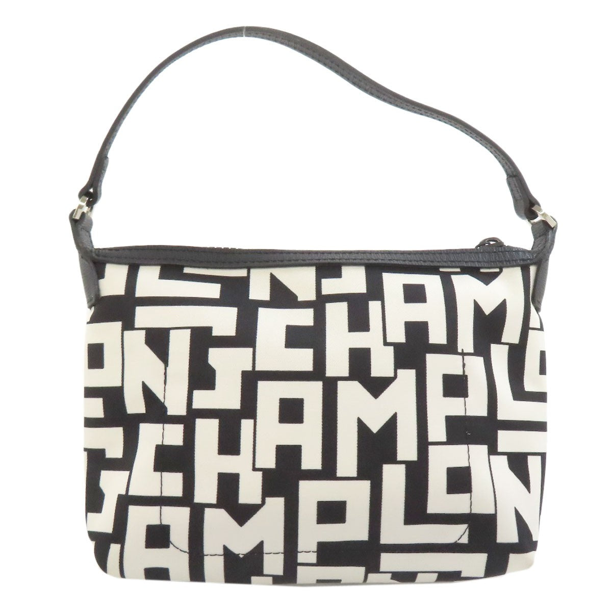 Longchamp Hand Bag Tote Purse Nylon Black White Authentic