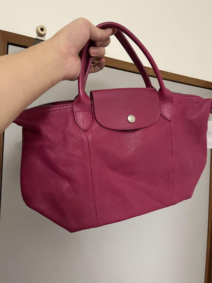 Longchamp Hand Bag Tote Purse Le Pliage Leather Pink Authentic