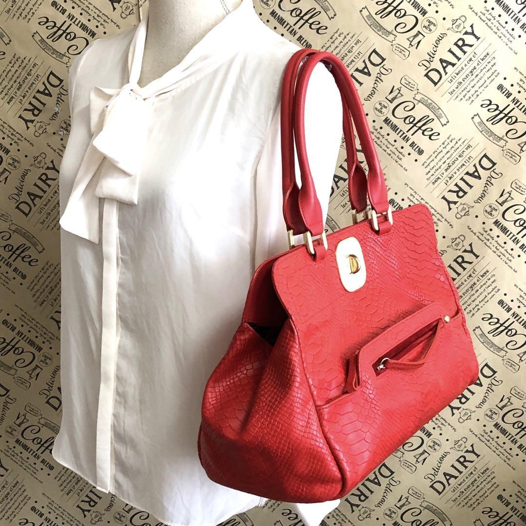 Longchamp Hand Bag Tote Purse Leather Red Authentic