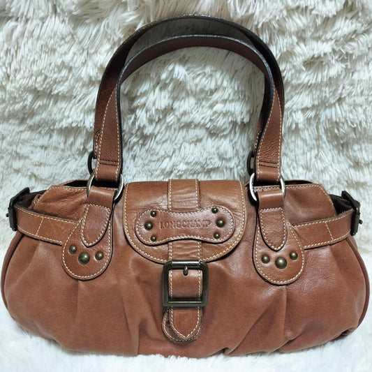 Longchamp Hand Shoulder Bag Tote Purse Leather Brown Authentic