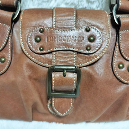 Longchamp Hand Shoulder Bag Tote Purse Leather Brown Authentic