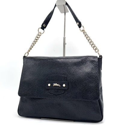Longchamp Shoulder Bag Purse Chain Leather Black Authentic