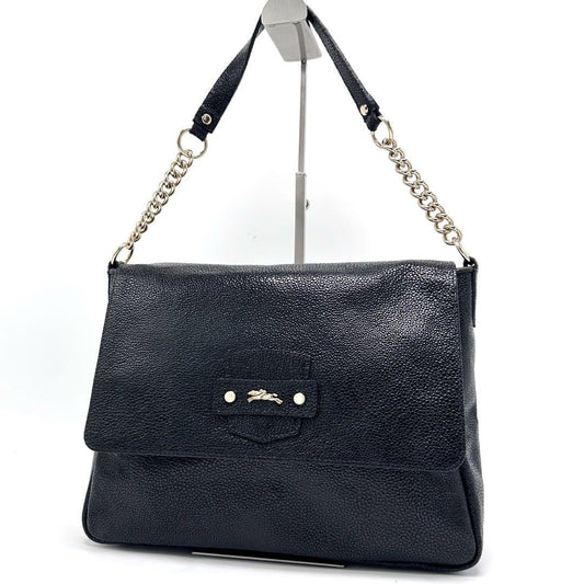 Longchamp Shoulder Bag Purse Chain Leather Black Authentic
