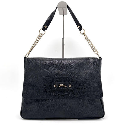 Longchamp Shoulder Bag Purse Chain Leather Black Authentic