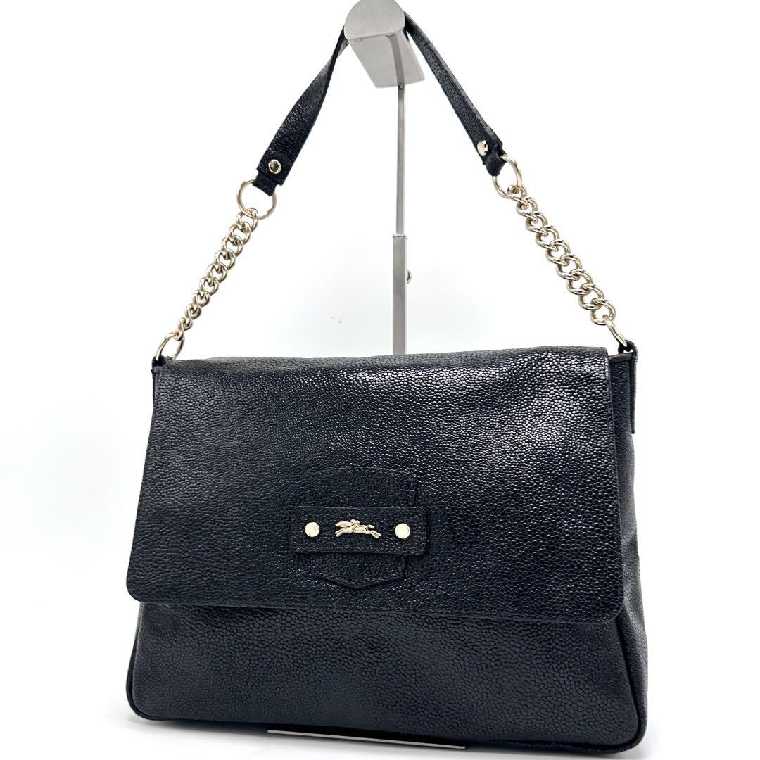 Longchamp Shoulder Bag Purse Chain Leather Black Authentic