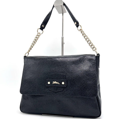 Longchamp Shoulder Bag Purse Chain Leather Black Authentic