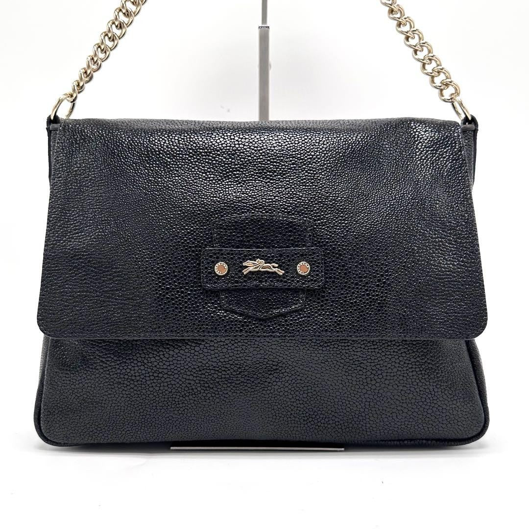 Longchamp Shoulder Bag Purse Chain Leather Black Authentic