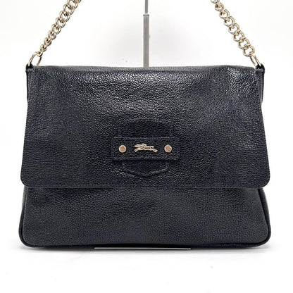 Longchamp Shoulder Bag Purse Chain Leather Black Authentic