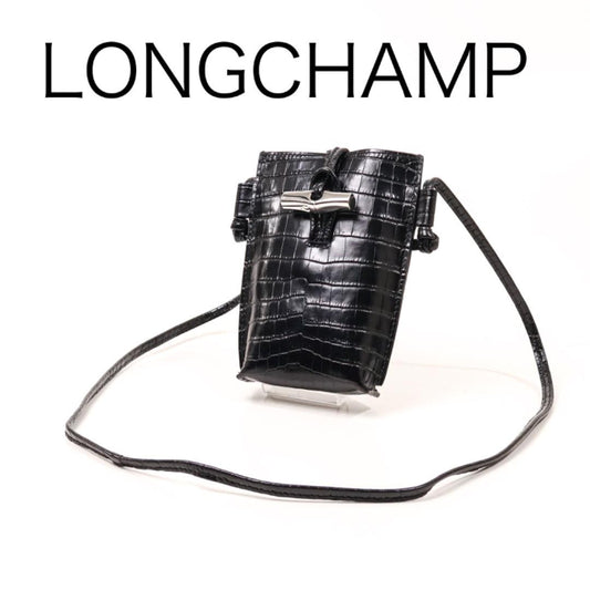 Longchamp Smartphone Shoulder Bag Purse Leather Black Authentic