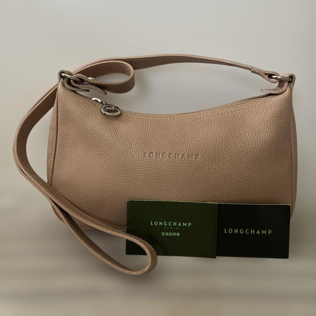 Longchamp Shoulder Bag Purse Leather Milk Tea Beige Authentic