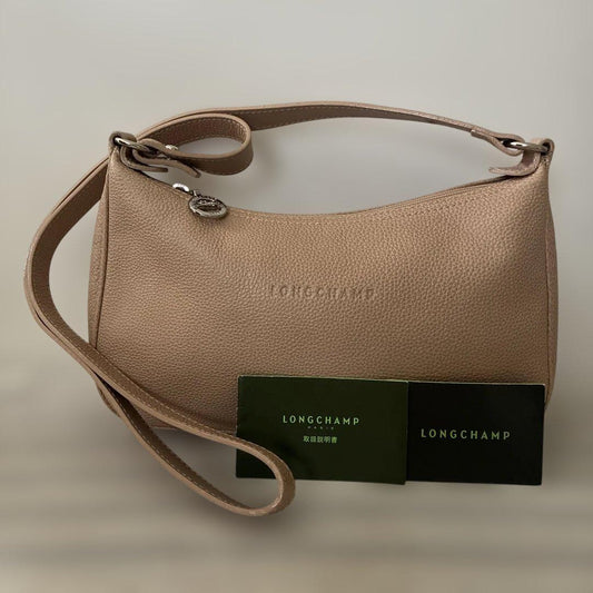 Longchamp Shoulder Bag Purse Leather Milk Tea Beige Authentic