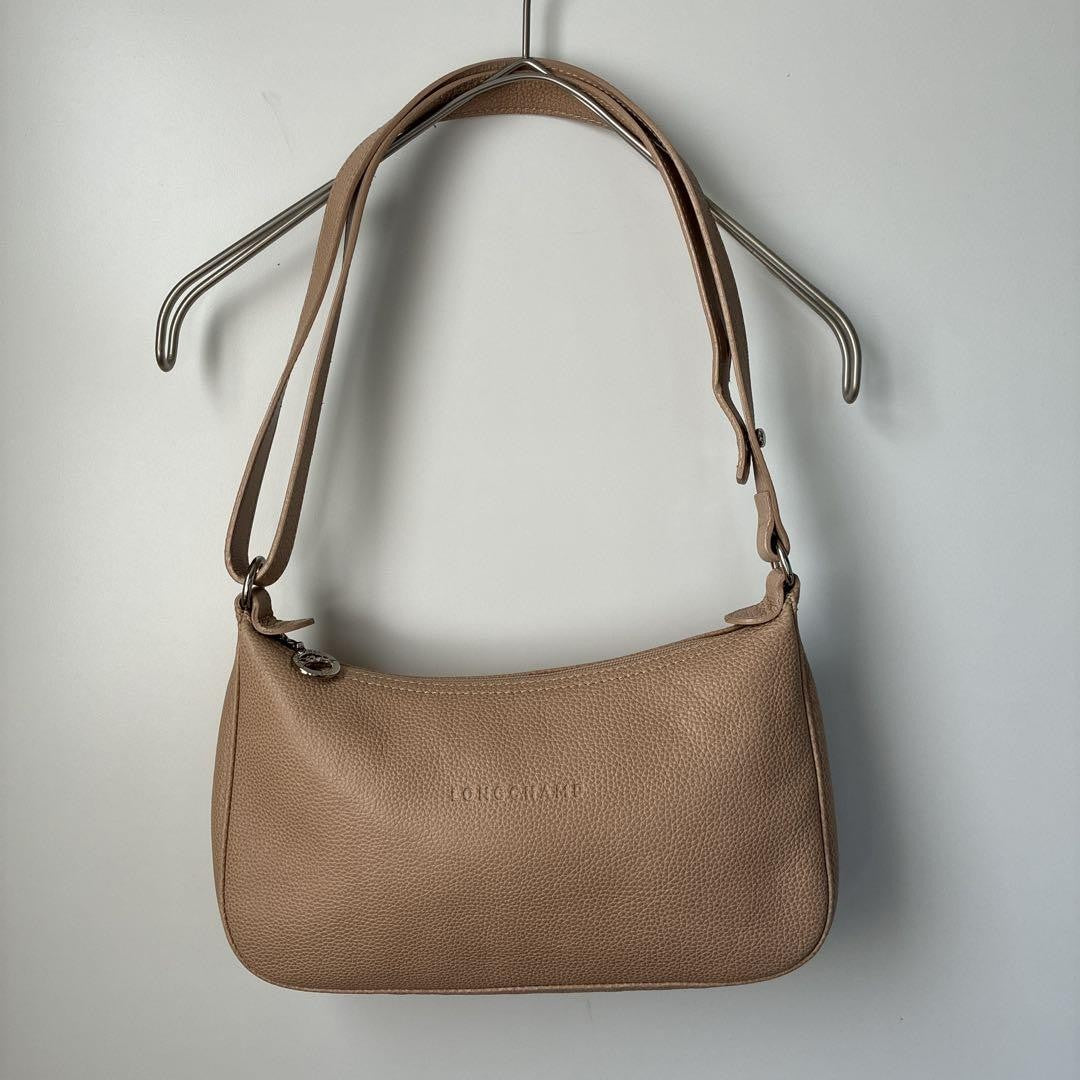 Longchamp Shoulder Bag Purse Leather Milk Tea Beige Authentic