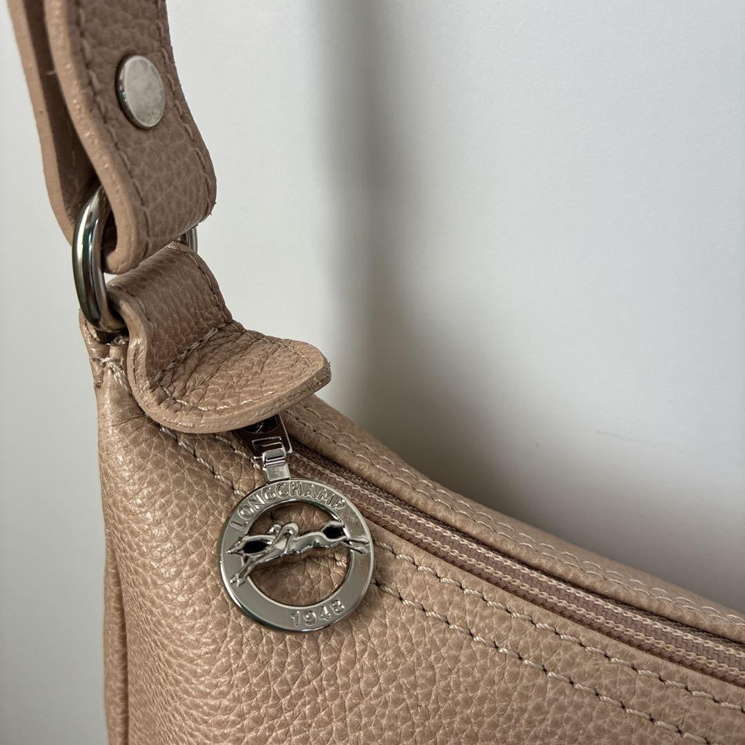 Longchamp Shoulder Bag Purse Leather Milk Tea Beige Authentic
