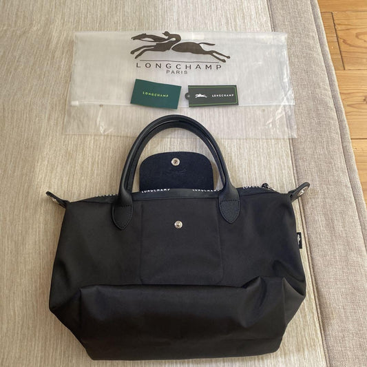 Longchamp Hand Bag Tote Purse Le Pliage Nylon Leather Black Authentic