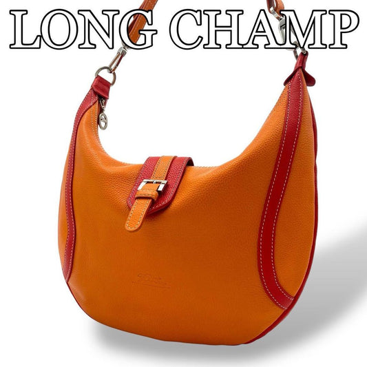 Longchamp Shoulder Bag Purse Leather Orange Red Authentic