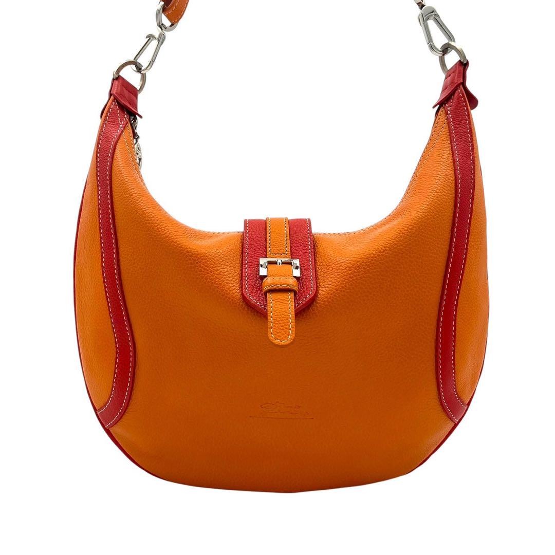 Longchamp Shoulder Bag Purse Leather Orange Red Authentic