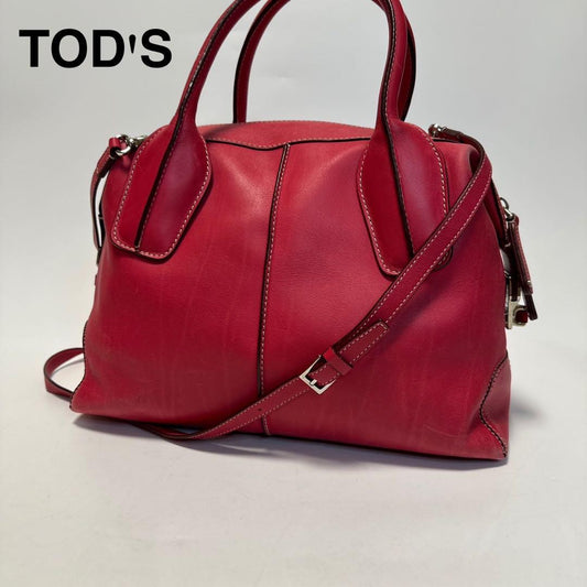 TOD'S Hand Shoulder Bag Tote Purse 2way D-Styling Leather Red Authentic