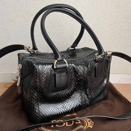TOD'S Hand Shoulder Bag Tote Purse Cube Leather Black Authentic
