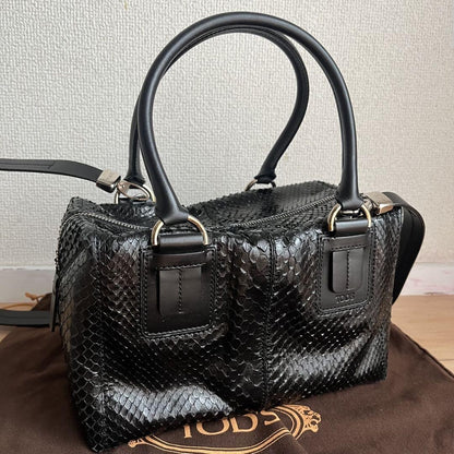 TOD'S Hand Shoulder Bag Tote Purse Cube Leather Black Authentic