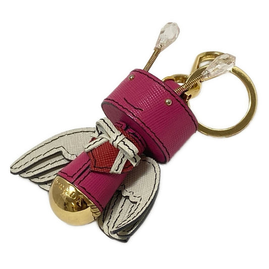 PRADA Key Ring Keychain Bag Charm Robot Angel Leather Pink White Multicolor Auth