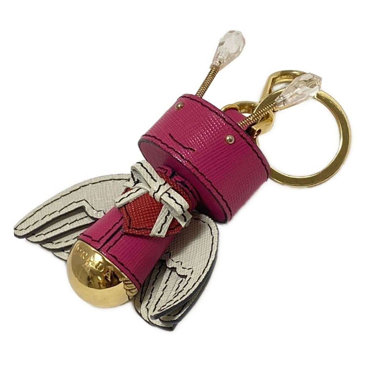 PRADA Key Ring Keychain Bag Charm Robot Angel Leather Pink White Multicolor Auth