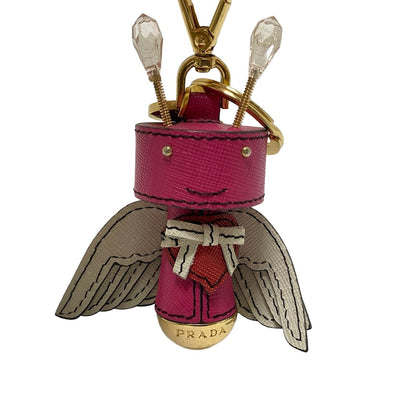 PRADA Key Ring Keychain Bag Charm Robot Angel Leather Pink White Multicolor Auth