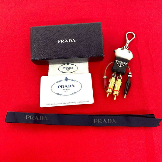 PRADA Key Ring Keychain Bag Charm Logo Leather Black White Gold Authentic