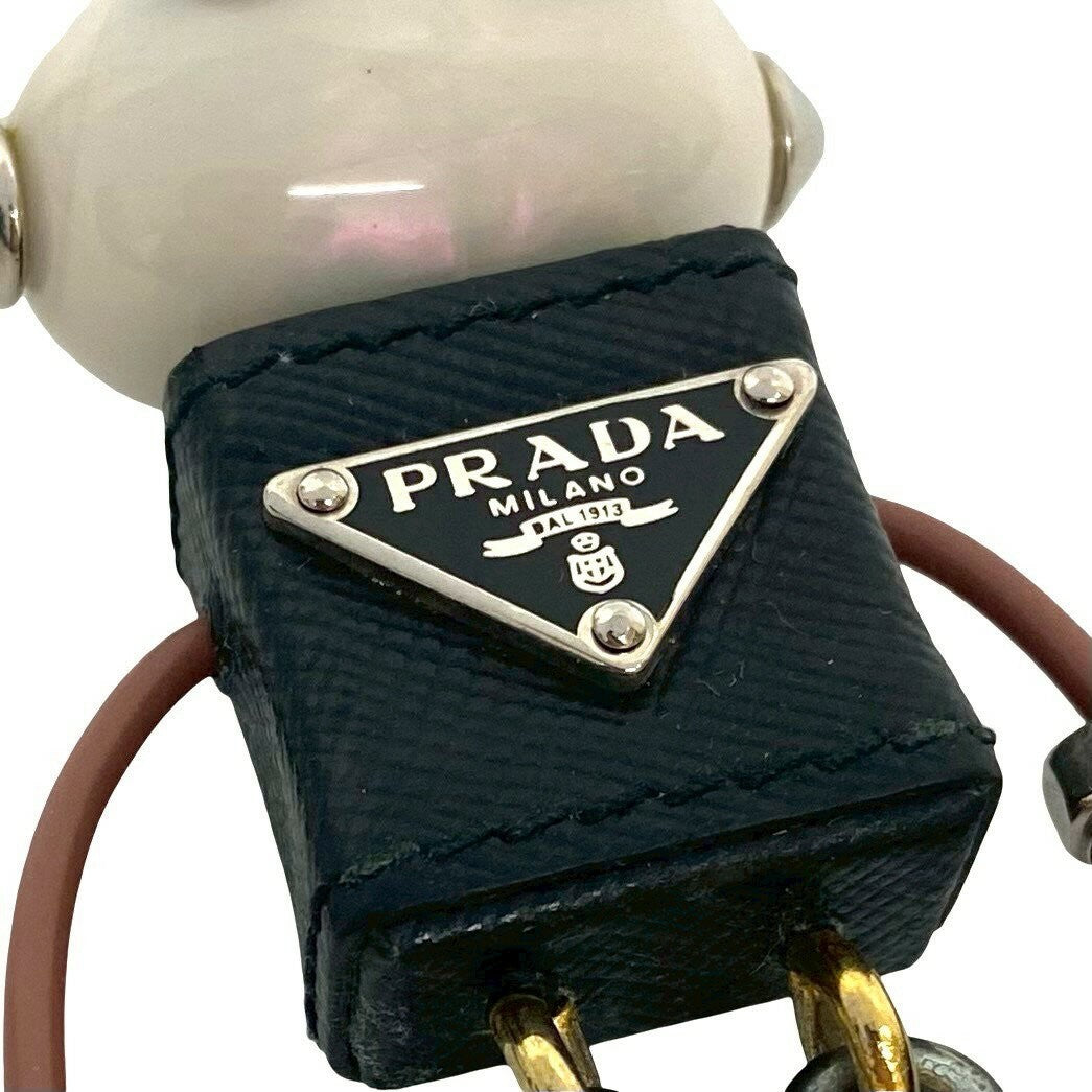 PRADA Key Ring Keychain Bag Charm Logo Leather Black White Gold Authentic