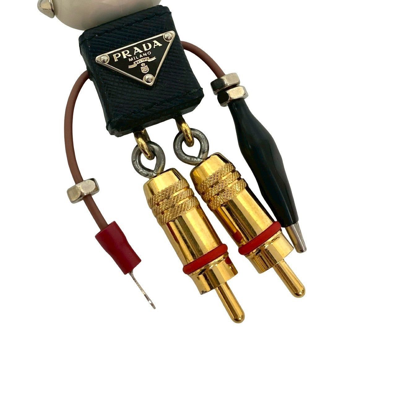 PRADA Key Ring Keychain Bag Charm Logo Leather Black White Gold Authentic