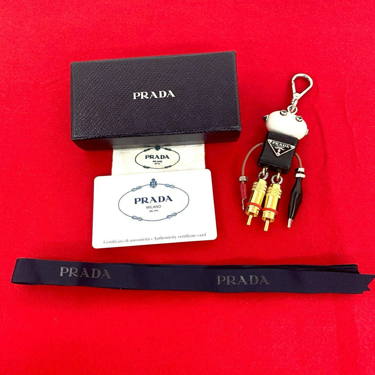 PRADA Key Ring Keychain Bag Charm Logo Leather Black White Gold Authentic