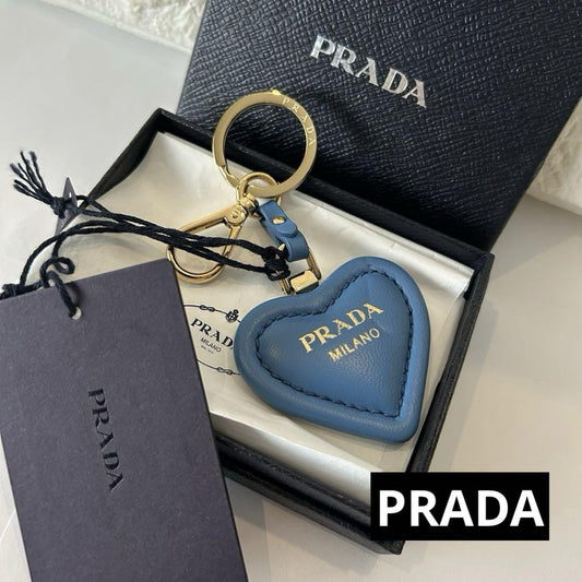 PRADA Key Ring Keychain Bag Charm Heart Leather Blue Authentic