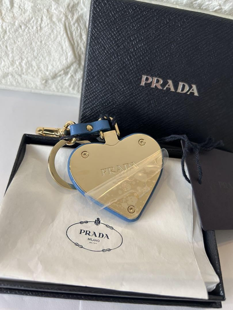 PRADA Key Ring Keychain Bag Charm Heart Leather Blue Authentic