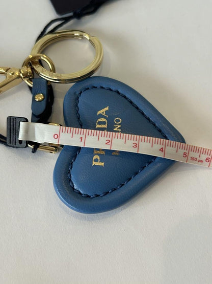 PRADA Key Ring Keychain Bag Charm Heart Leather Blue Authentic