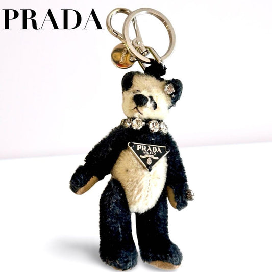 PRADA Key Ring Keychain Bag Charm Bear Logo Black White Authentic