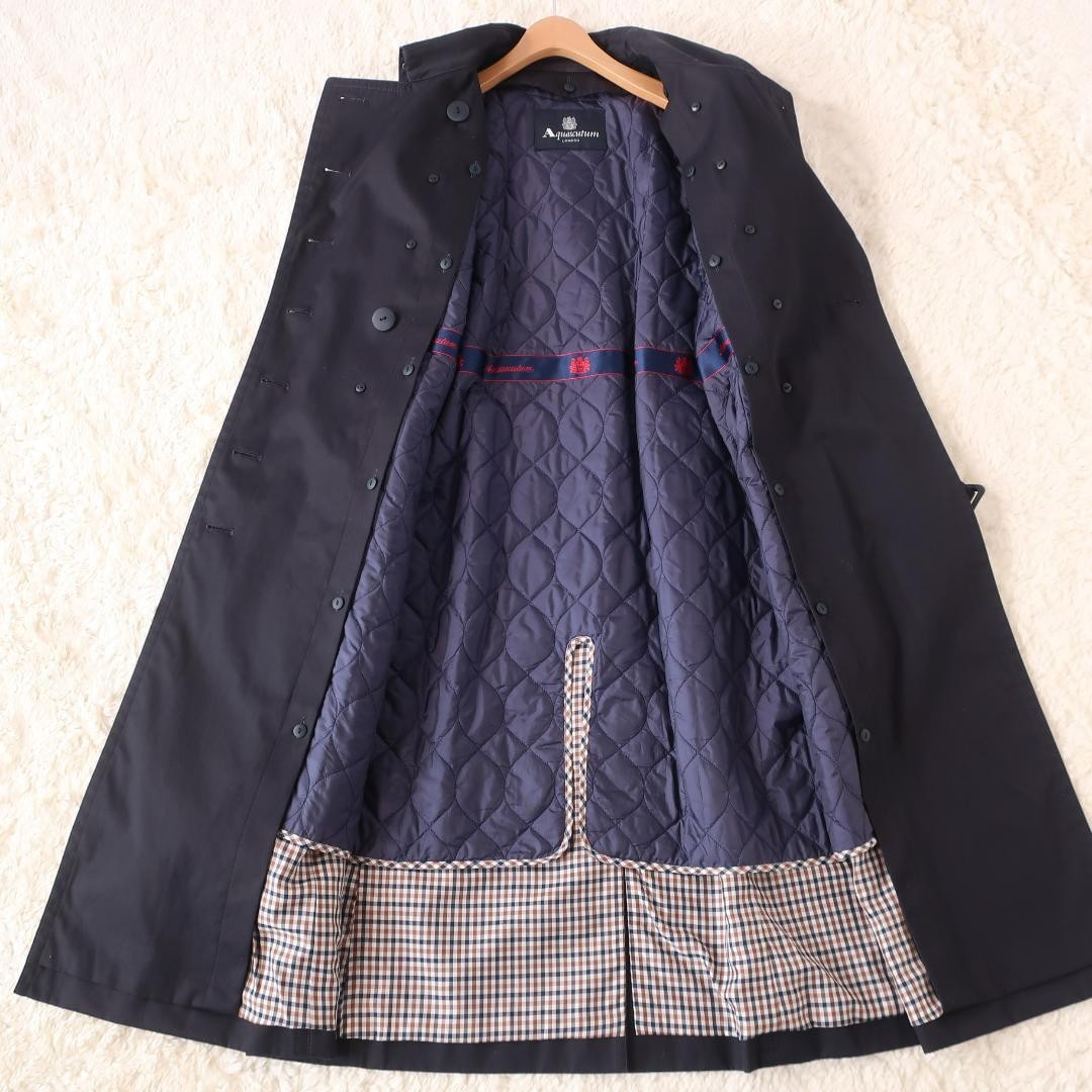 Aquascutum Trench Coat Club Check Asian fit M US size S Black Dark Navy Auth