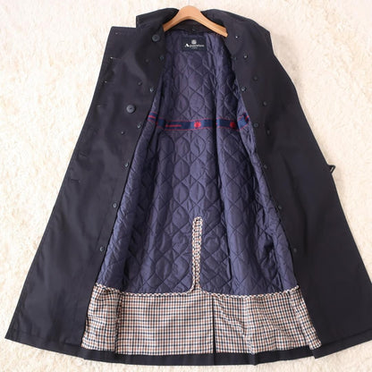 Aquascutum Trench Coat Club Check Asian fit M US size S Black Dark Navy Auth