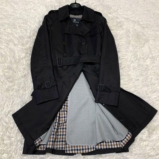 Aquascutum Trench Coat 2way Club Check Asian fit M US size S Black Authentic
